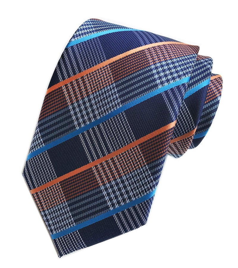 Elfeves Men's Spring Navy Blue Orange White Gingham Seft Ties Trendy Party Cool Neckties - Image 1